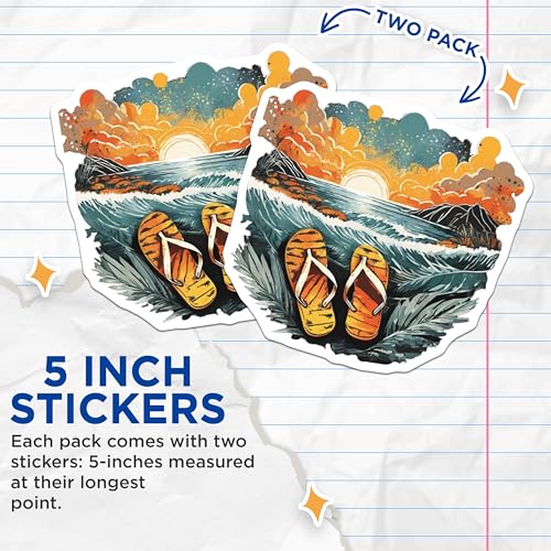(2 Pack) Sunset Beach Stickers - Summer Ocean View - Flip Flops Art Sticker - 5" On Longest Side - Sticks to Smooth Flat Surfaces - Made in USA - BMCS9323