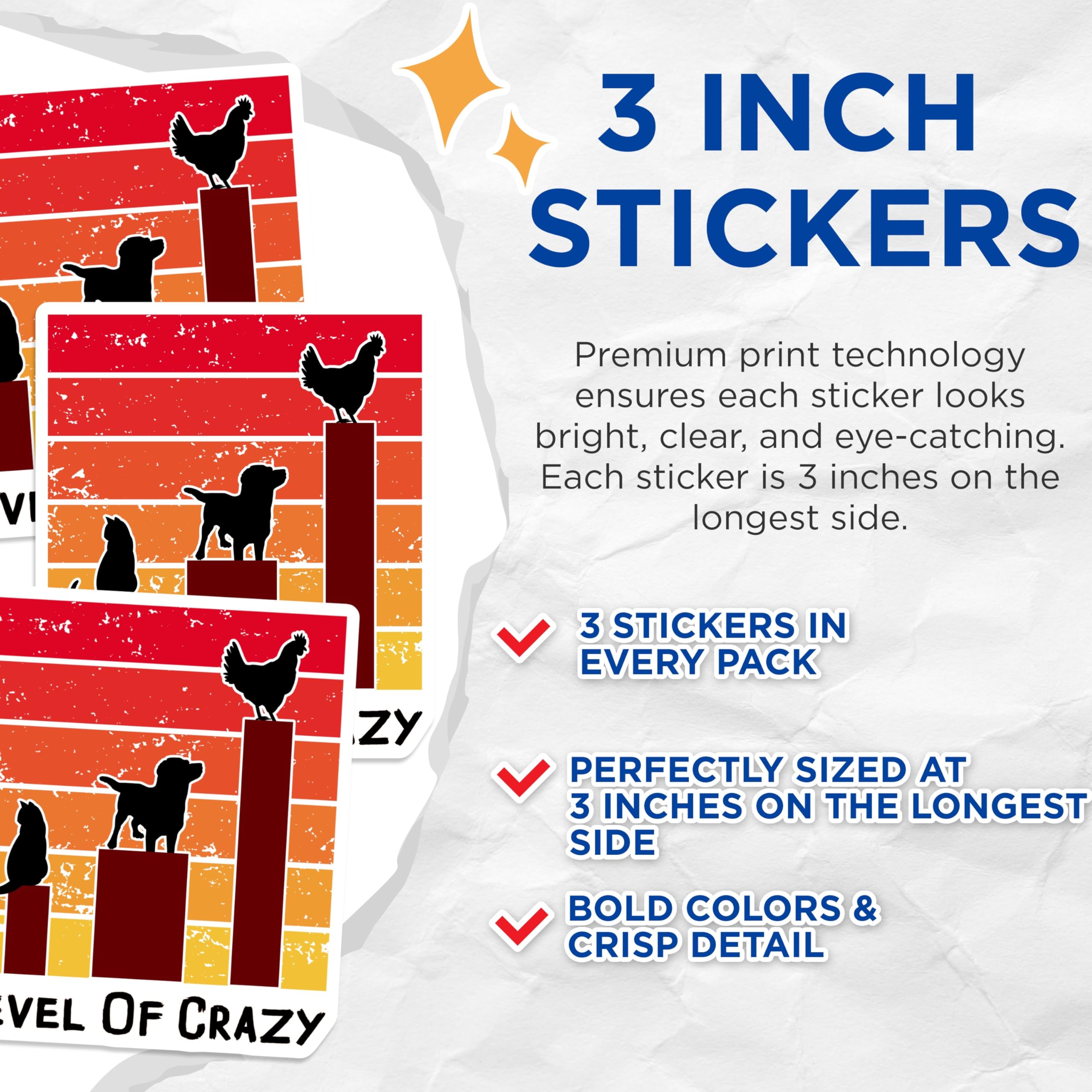 (3 Pack) Level of Crazy Decals - Cat Dog Chicken - Funny Pet Laptop Decal - 3 Inches On Longest Side - Easy Peel & Apply - Made in USA - 3MCS4539