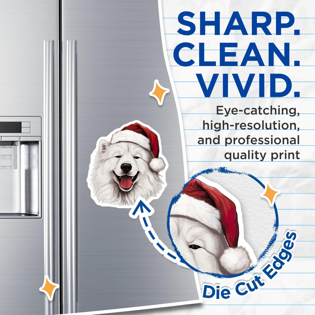 (2 Pack) Samoyed Dog Christmas Magnets - Santa Hat Puppy - Happy White Dog - Festive Animal Lover Decor - 5 Inches On Longest Side - Thick Durable Magnet - Made in USA - MAG25998