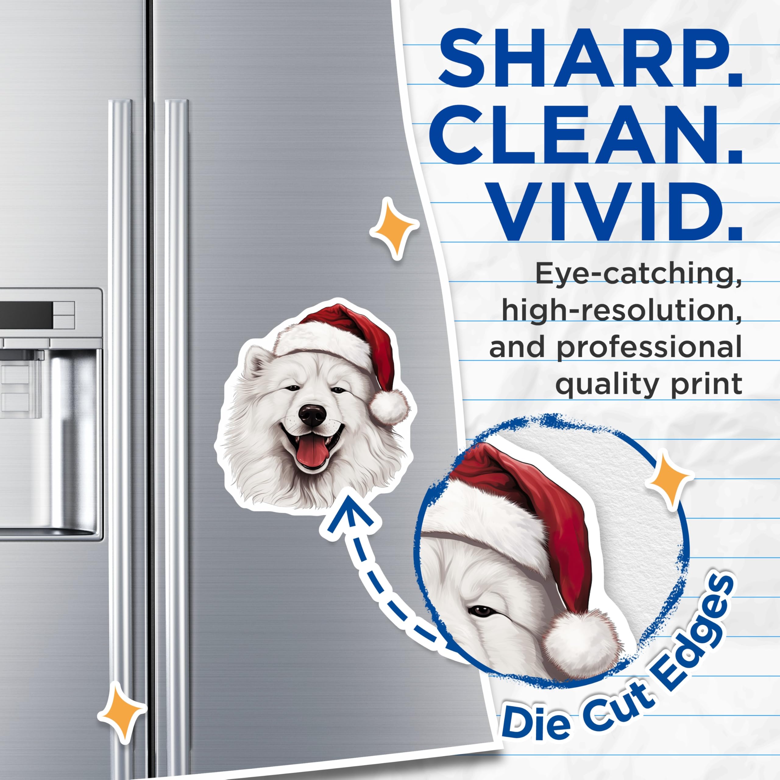 (2 Pack) Samoyed Dog Christmas Magnets - Santa Hat Puppy - Happy White Dog - Festive Animal Lover Decor - 5 Inches On Longest Side - Thick Durable Magnet - Made in USA - MAG25998