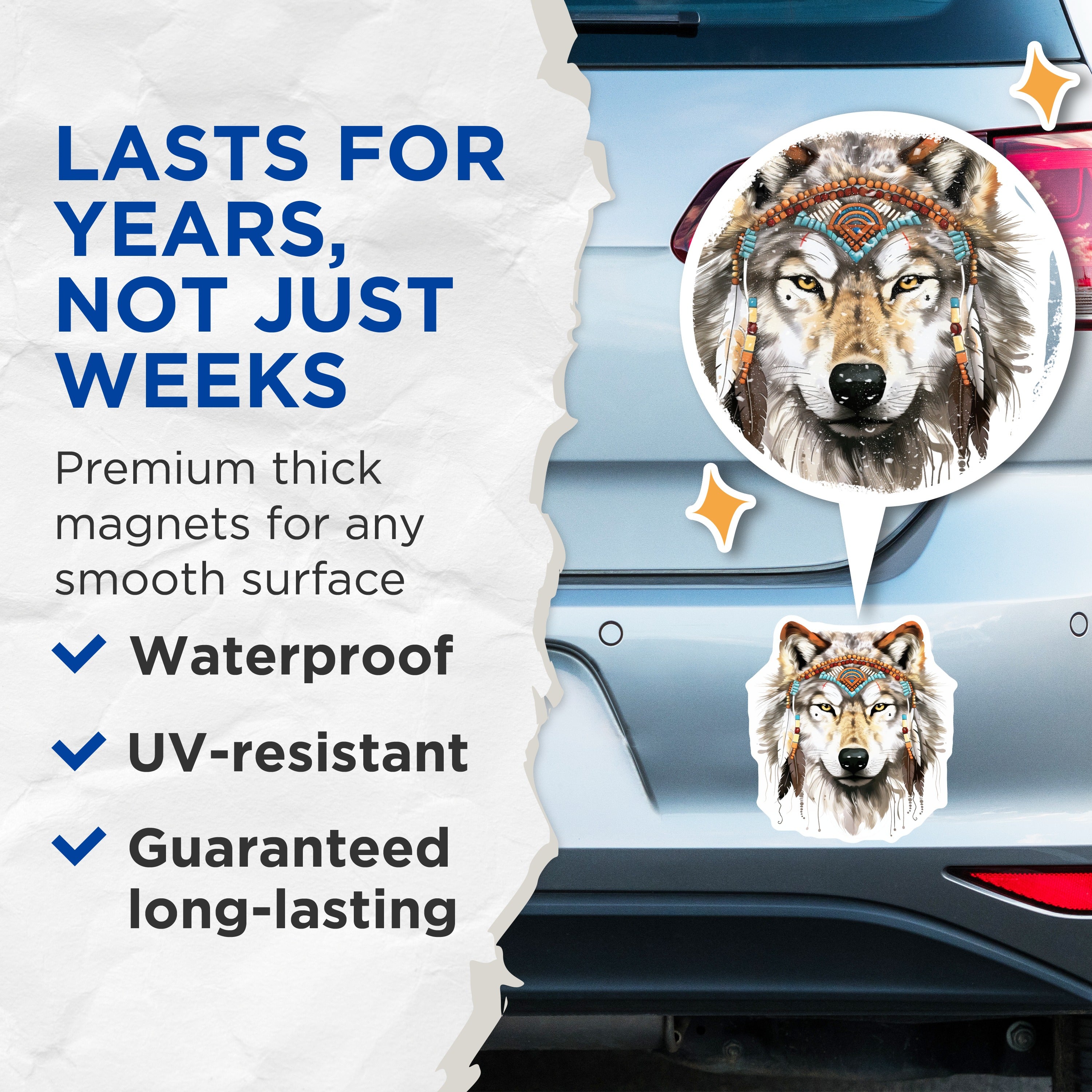 (2 Pack) Wolf Head Magnets - Tribal Wolf Decor - Spirit Animal Art - Boho Style Refrigerator Magnets - 5 Inches On Longest Side - Thick Durable Magnet - Made in USA - MAG39529