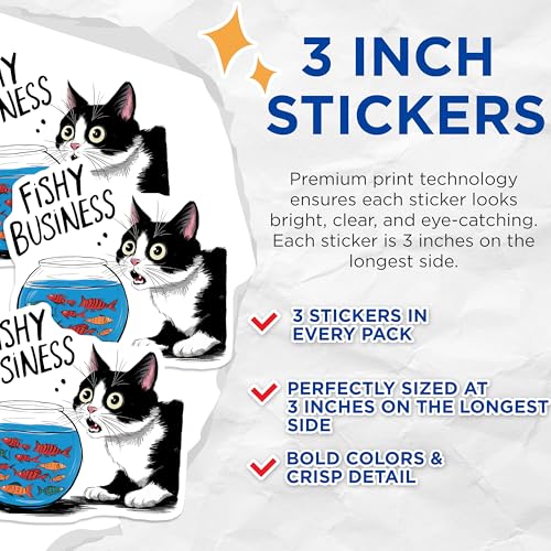 (3 Pack) Fishy Business Decals - Cat and Fishbowl - Funny Laptop Decal - 3 Inches On Longest Side - Easy Peel & Apply - Made in USA - 3MCS7533
