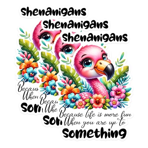 (3 Pack) Flamingo Shenanigans Decals - Fun Life Quote - Tropical Flowers Laptop Decal - 3 Inches On Longest Side - Easy Peel & Apply - Made in USA - 3MCS1726