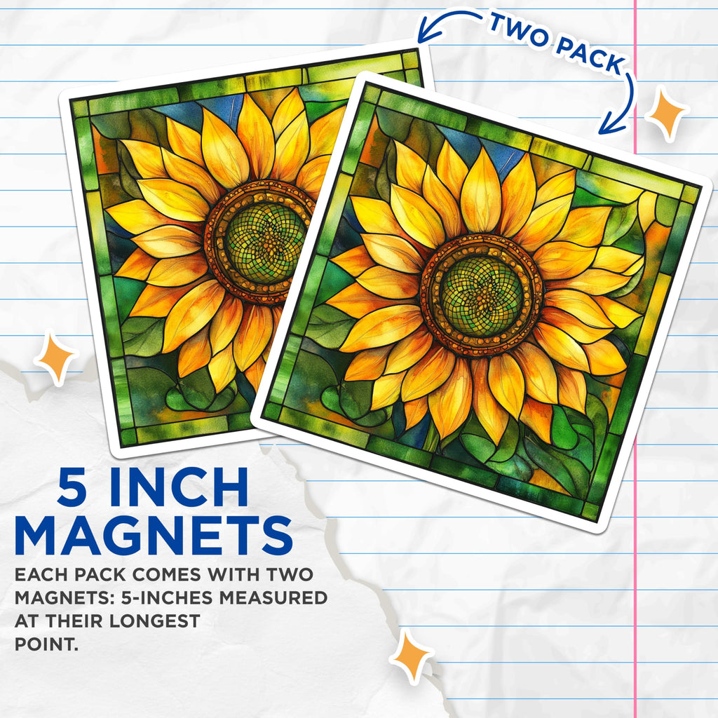 (2 Pack) Stained Glass Sunflower Magnets - Floral Refrigerator Decor - Botanical Kitchen Accents - 5 Inches On Longest Side - Thick Durable Magnet - Made in USA - MAG27374
