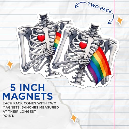 (2 Pack) Skeleton Rainbow Flag Magnets - Human Anatomy Decor - Skeleton Holding Heart Symbol - LGBTQ Pride Magnets - 5" On Longest Side - for Cars, Fridges, Toolboxes - Made in USA - MAG7217