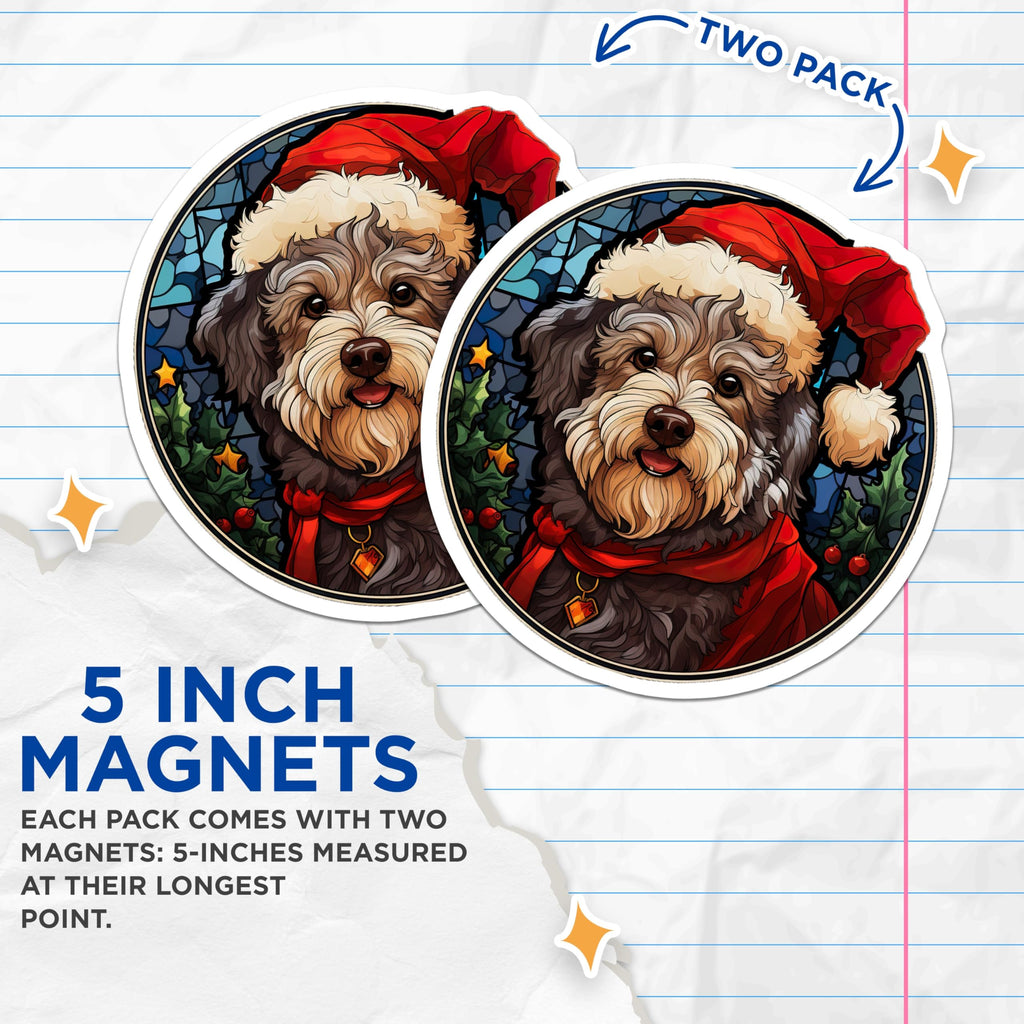 (2 Pack) Christmas Dog Magnets - Stained Glass Doodle Puppy Holiday Decor - Santa Hat Pet Fridge Decoration - 5 Inches On Longest Side - Thick Durable Magnet - Made in USA - MAG25389