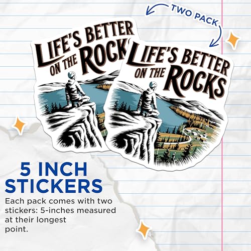 (2 Pack) Life's Better on The Rocks Stickers - Adventure Sticker - Outdoors Sticker - 5" On Longest Side - Sticks to Smooth Flat Surfaces - Made in USA - BMCS5804