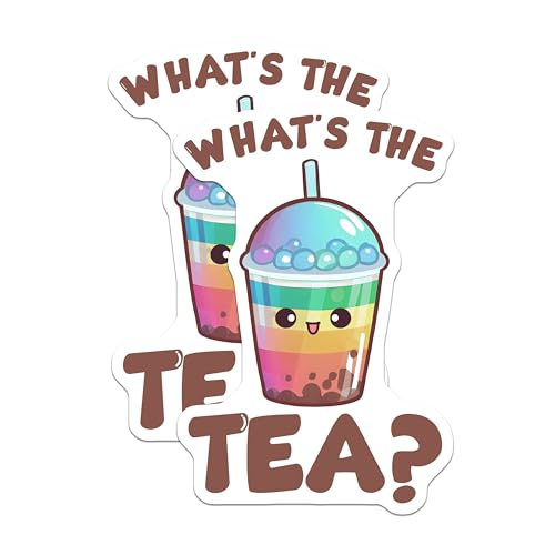 (2 Pack) Cute Boba Tea Stickers - Whats The Tea - Rainbow Bubble Tea - Kawaii Drink Funny Drink Decals - 5" On Longest Side - Sticks to Smooth Flat Surfaces - Made in USA - BMCS7747