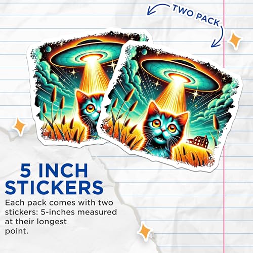 (2 Pack) UFO Cat Stickers - Alien Abduction Stickers - Funny Cat Stickers - 5" On Longest Side - Sticks to Smooth Flat Surfaces - Made in USA - BMCS5718