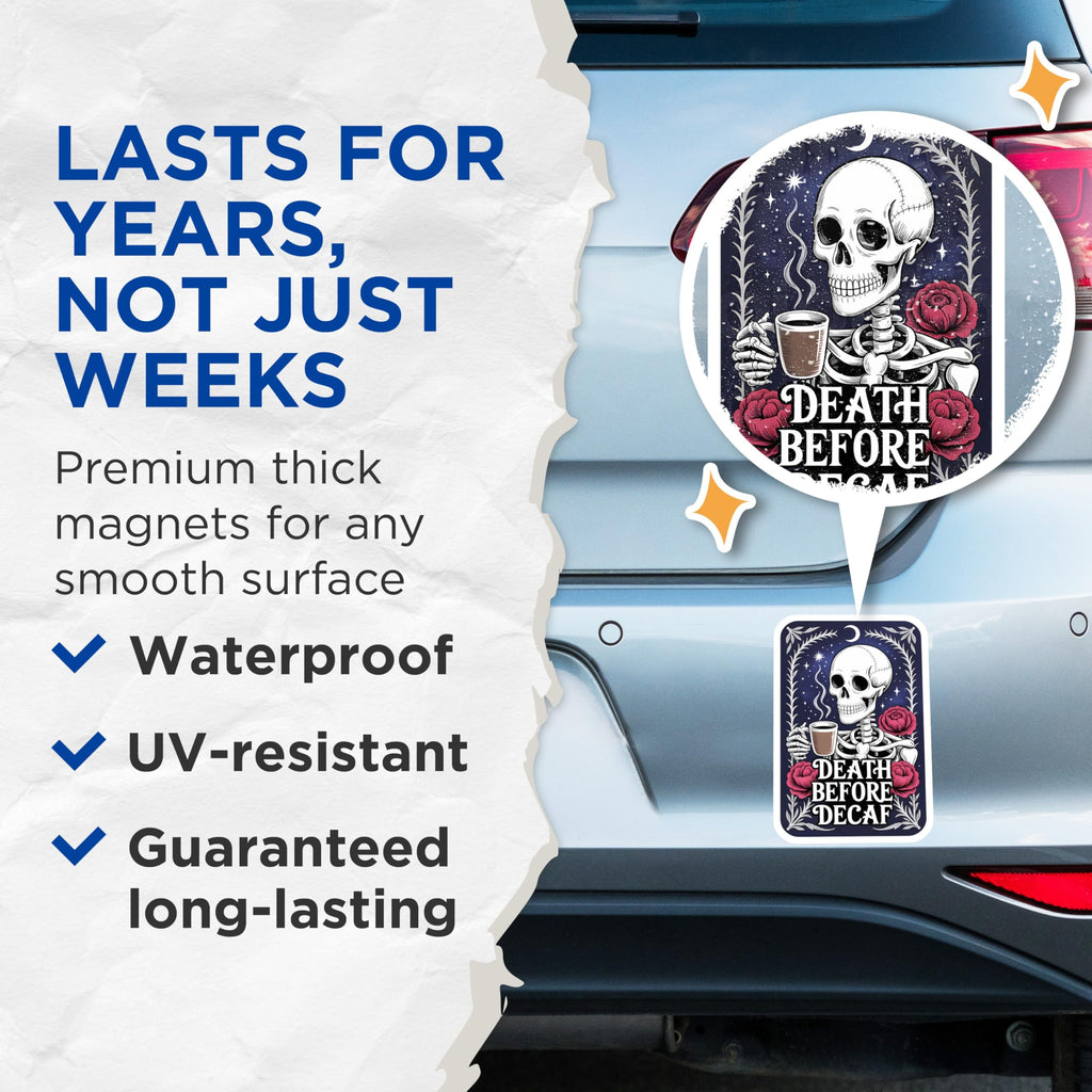 (2 Pack) Skeleton Coffee Magnets - Death Before Decaf Art - Gothic Kitchen Decor - Caffeine Lover Skull Fridge Magnet - 5 Inches On Longest Side - Thick Durable Magnet - Made in USA - MAG22126