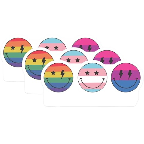 (3 Pack) LGBTQ Smiley Face Decals - Pride Rainbow - Trans Bi - Laptop Decals- 3 Inches On Longest Side - Easy Peel & Apply - Made in USA - 3MCS5327
