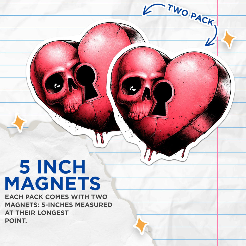(2 Pack) Skull Heart Magnets - Macabre Love Art Design - Keyhole Gothic Fridge Decor - Alternative Aesthetic - 5 Inches On Longest Side - Thick Durable Magnet - Made in USA - MAG21336