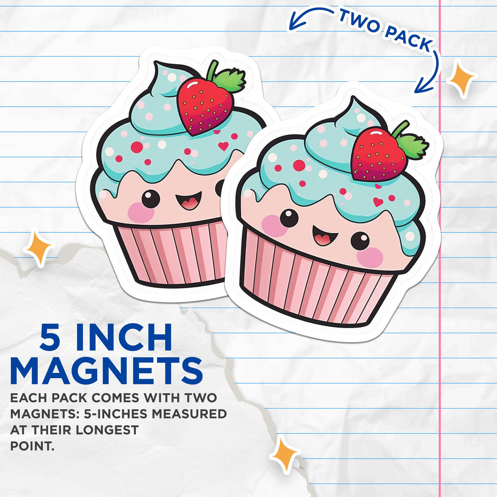 (2 Pack) Cute Cupcake Magnets - Kawaii Dessert Decor - Sweet Food Art Kitchen Fridge - Birthday Party Favor - 5 Inches On Longest Side - Thick Durable Magnet - Made in USA - MAG36603
