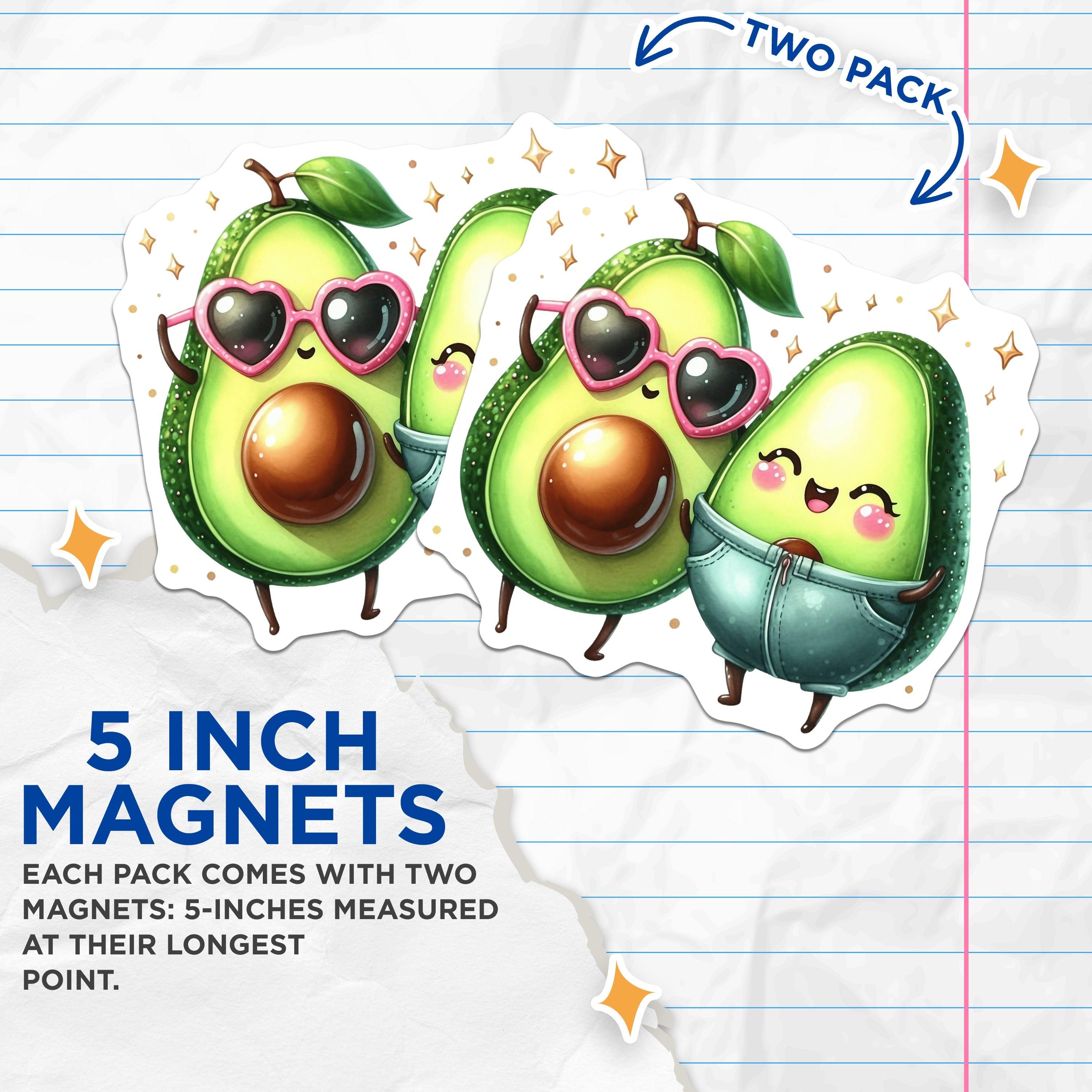 (2 Pack) Cute Avocado Magnets - Kawaii Food Decor - Fridge Accessory for Couples - 5 Inches On Longest Side - Thick Durable Magnet - Made in USA - MAG39362