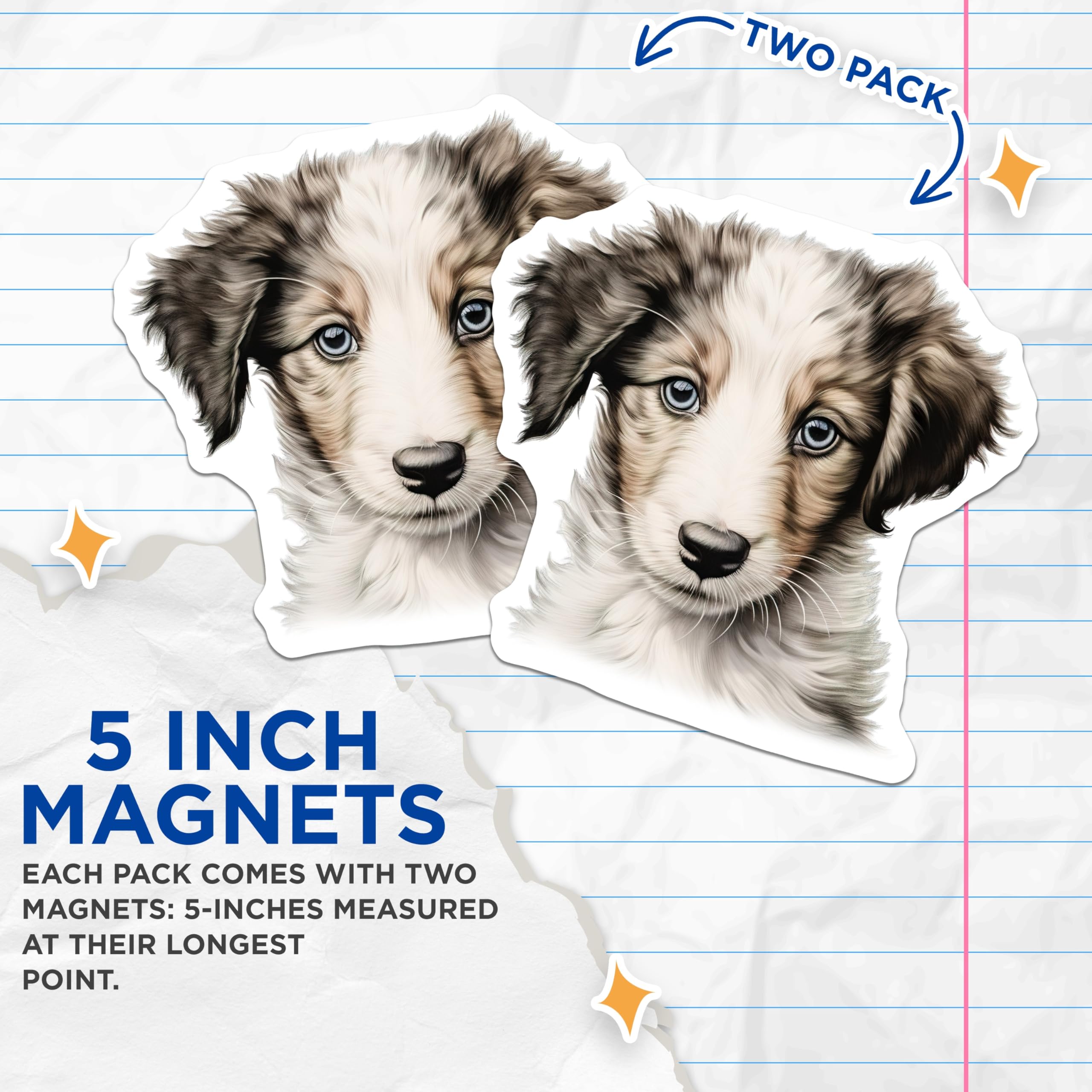 (2 Pack) Realistic Puppy Magnets - Blue Eyed Dog Art - Dog Mom Fridge Decor - 5 Inches On Longest Side - Thick Durable Magnet - Made in USA - MAG28941
