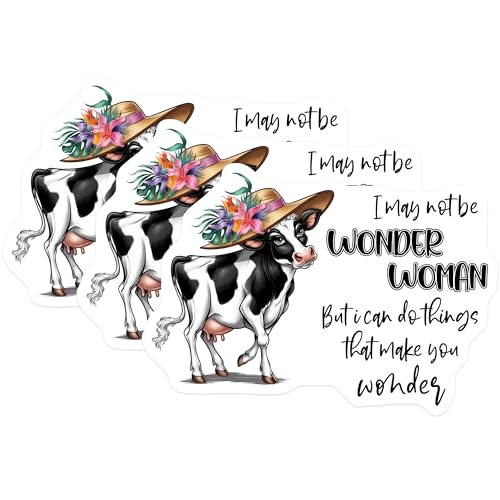 (3 Pack) Wonder Woman Cow Decals - Funny Cow Saying - Floral Hat Cow Decal - 3 Inches On Longest Side - Easy Peel & Apply - Made in USA - 3MCS8575