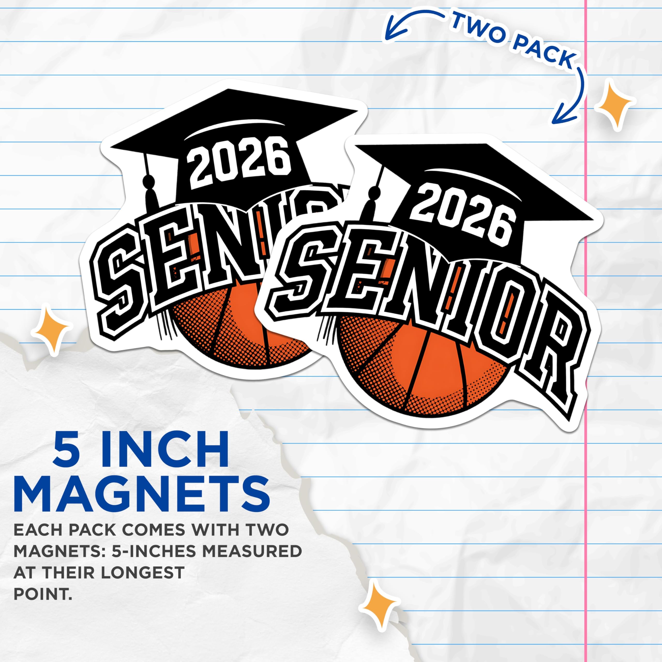 (2 Pack) Senior 2026 Basketball Magnets - Class of Twenty Twenty Six Grad Athlete - High School Sports Graduation Celebration - 5 Inches On Longest Side - Thick Durable Magnet - Made in USA - MAG21955
