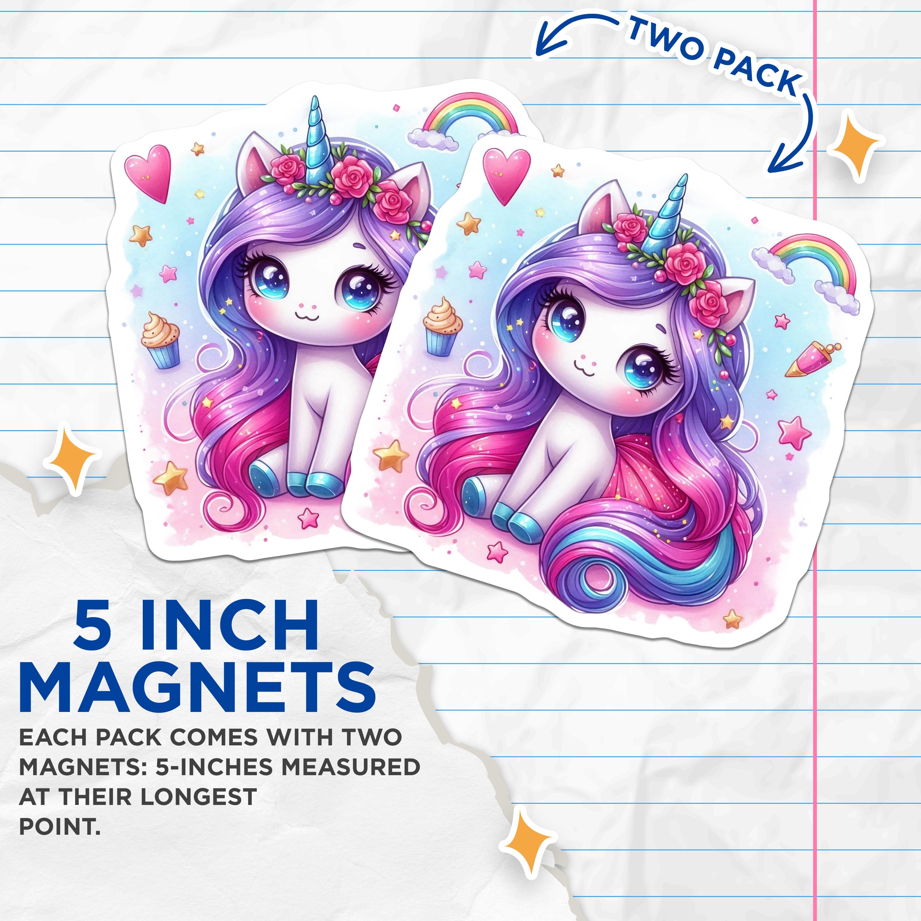 (2 Pack) Cute Unicorn Magnets - Kawaii Fantasy Decor - Kids Room Aesthetic - Refrigerator Locker Accessory - 5 Inches On Longest Side - Thick Durable Magnet - Made in USA - MAG39619
