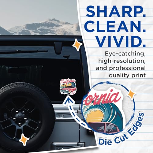 (2 Pack) California Surf Stickers - Vintage Car - Palm Tree Paradise - 5" On Longest Side - Sticks to Smooth Flat Surfaces - Made in USA - BMCS9574
