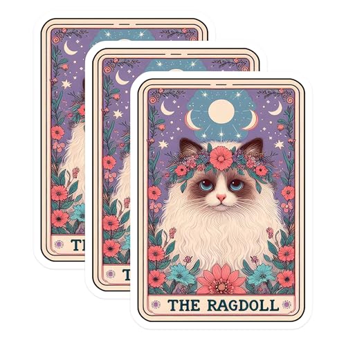 (3 Pack) Ragdoll Cat Decals - Floral Crown Sticker - Celestial Kitty Art - 3 Inches On Longest Side - Easy Peel & Apply - Made in USA - 3MCS4045