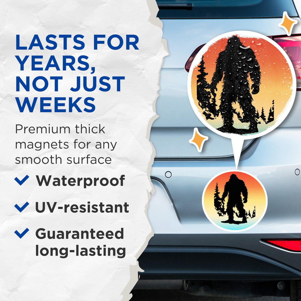 (2 Pack) Bigfoot Silhouette Magnets - Rustic Forest Sunset Cryptid Decor - Legendary Sasquatch Wilderness Adventure - 5 Inches On Longest Side - Thick Durable Magnet - Made in USA - MAG22667