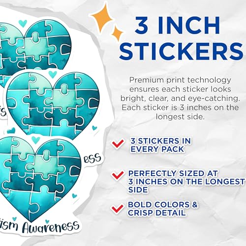 (3 Pack) Autism Awareness Decals - Puzzle Heart Sticker - Laptop Decals - 3 Inches On Longest Side - Easy Peel & Apply - Made in USA - 3MCS6895