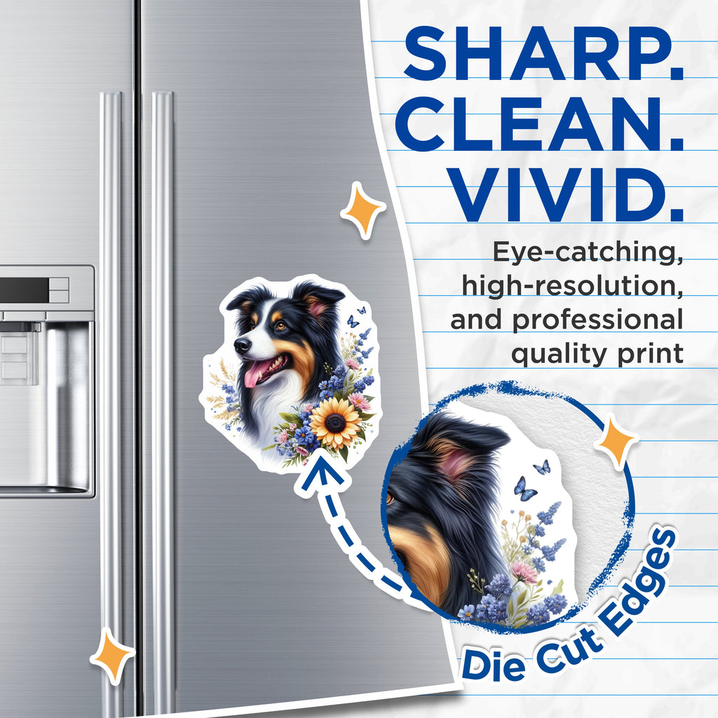 (2 Pack) Border Collie Dog Magnets - Whimsical Floral Animal Art - Pet Lover Refrigerator Decor - 5 Inches On Longest Side - Thick Durable Magnet - Made in USA - MAG36245