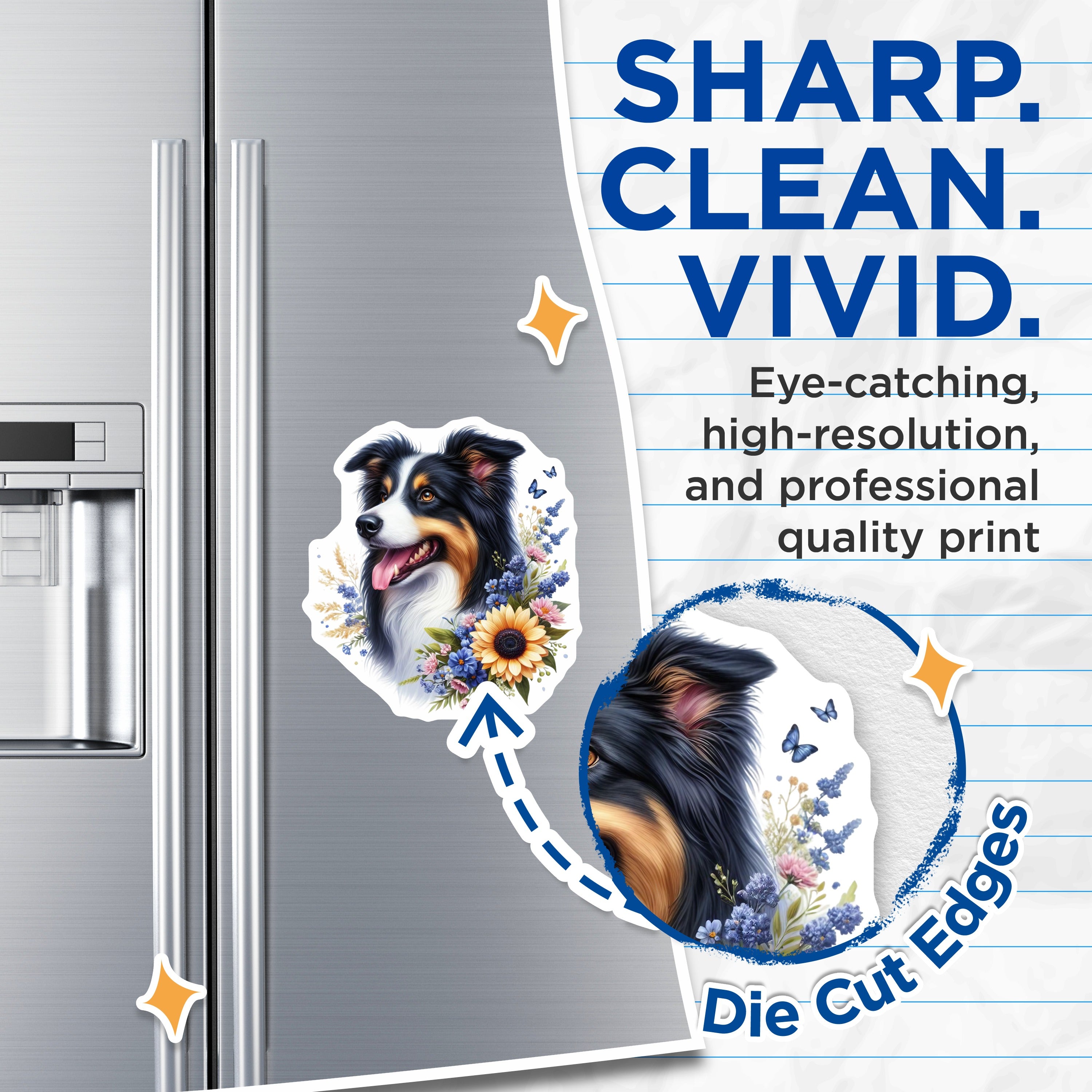 (2 Pack) Border Collie Dog Magnets - Whimsical Floral Animal Art - Pet Lover Refrigerator Decor - 5 Inches On Longest Side - Thick Durable Magnet - Made in USA - MAG36245