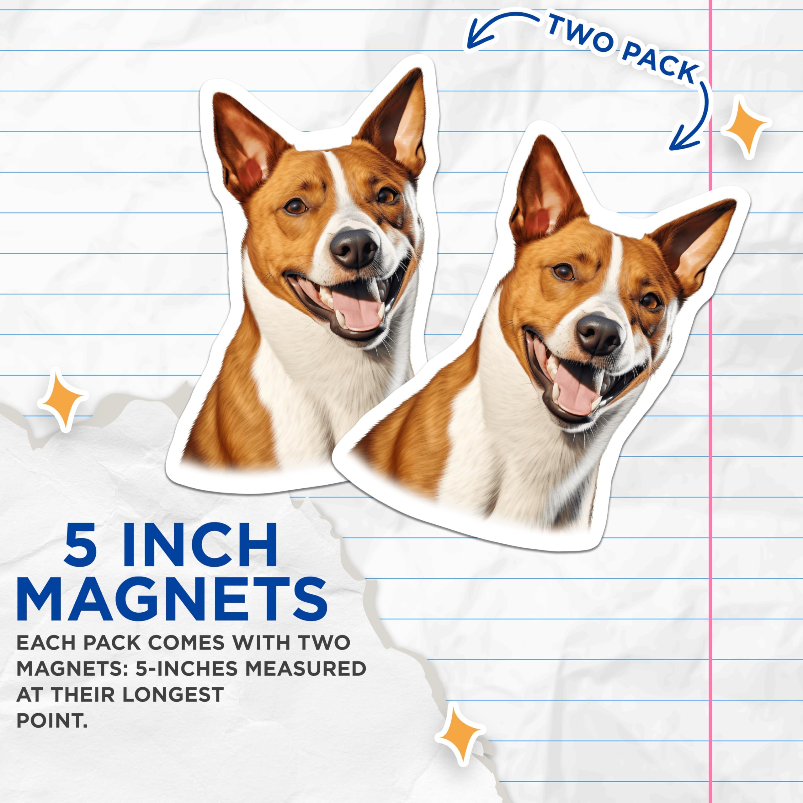 (2 Pack) Basenji Dog Magnets - Happy Pet Face Art - Refrigerator Locker Decor for Dog Lovers - 5 Inches On Longest Side - Thick Durable Magnet - Made in USA - MAG29115