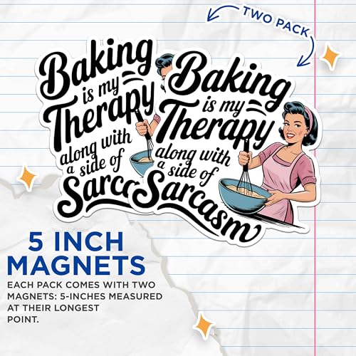 (2 Pack) Baking is My Therapy Magnets - Fun Kitchen Decor Magnets - Retro Baking Magnets for Bakers- 5" On Longest Side - for Fridges, Toolboxes, Cars - Made in USA - MAG2943