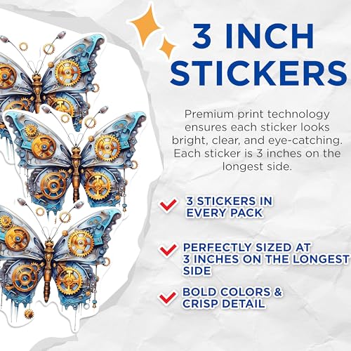 (3 Pack) Steampunk Butterfly Decals - Mechanical Insect Art - Laptop Stickers - 3 Inches On Longest Side - Easy Peel & Apply - Made in USA - 3MCS1197