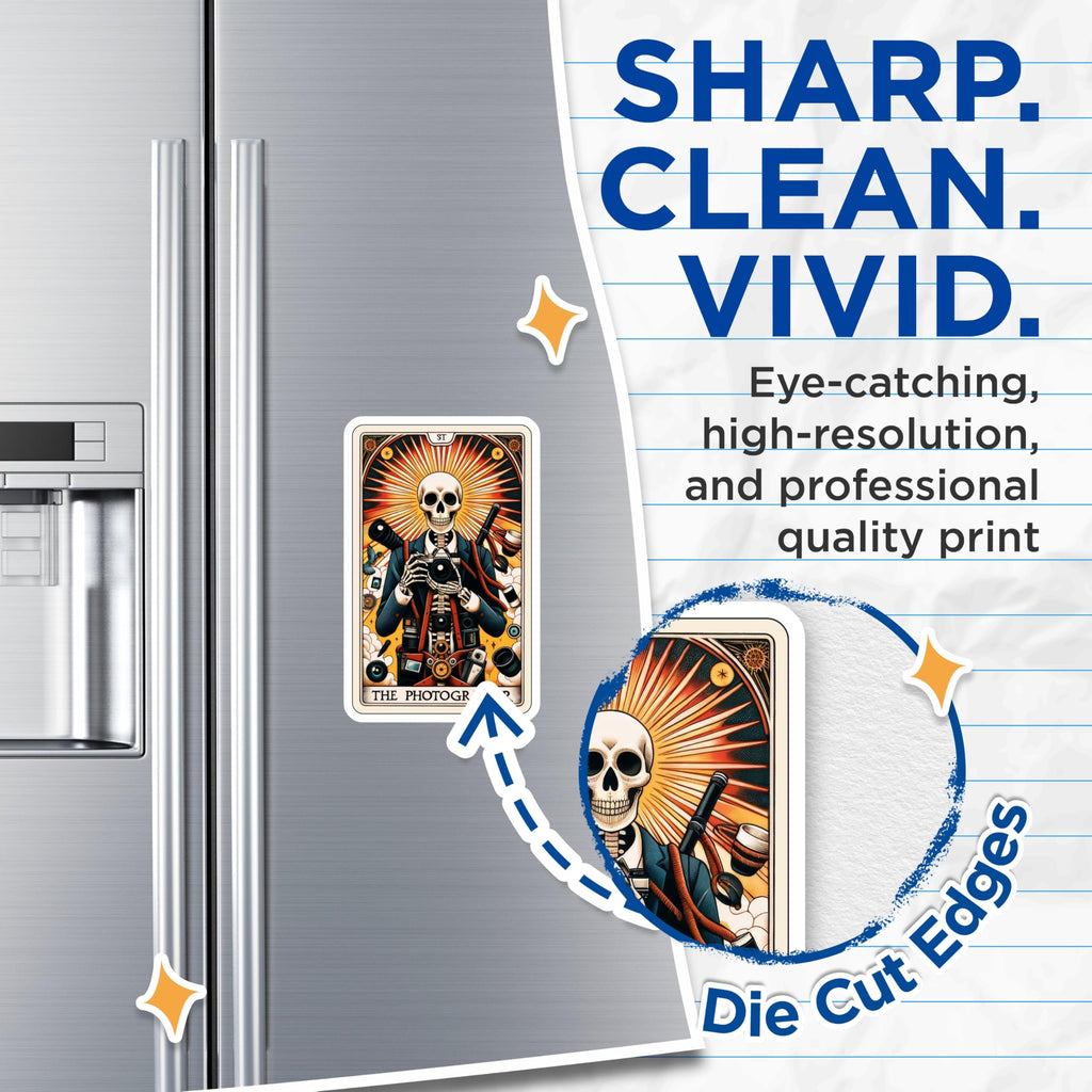 (2 Pack) Skeleton Photographer Magnets - Unique Tarot Card Style Photography Art - Creative Camera Lover Fridge Decor - 5 Inches On Longest Side - Thick Durable Magnet - Made in USA - MAG20500