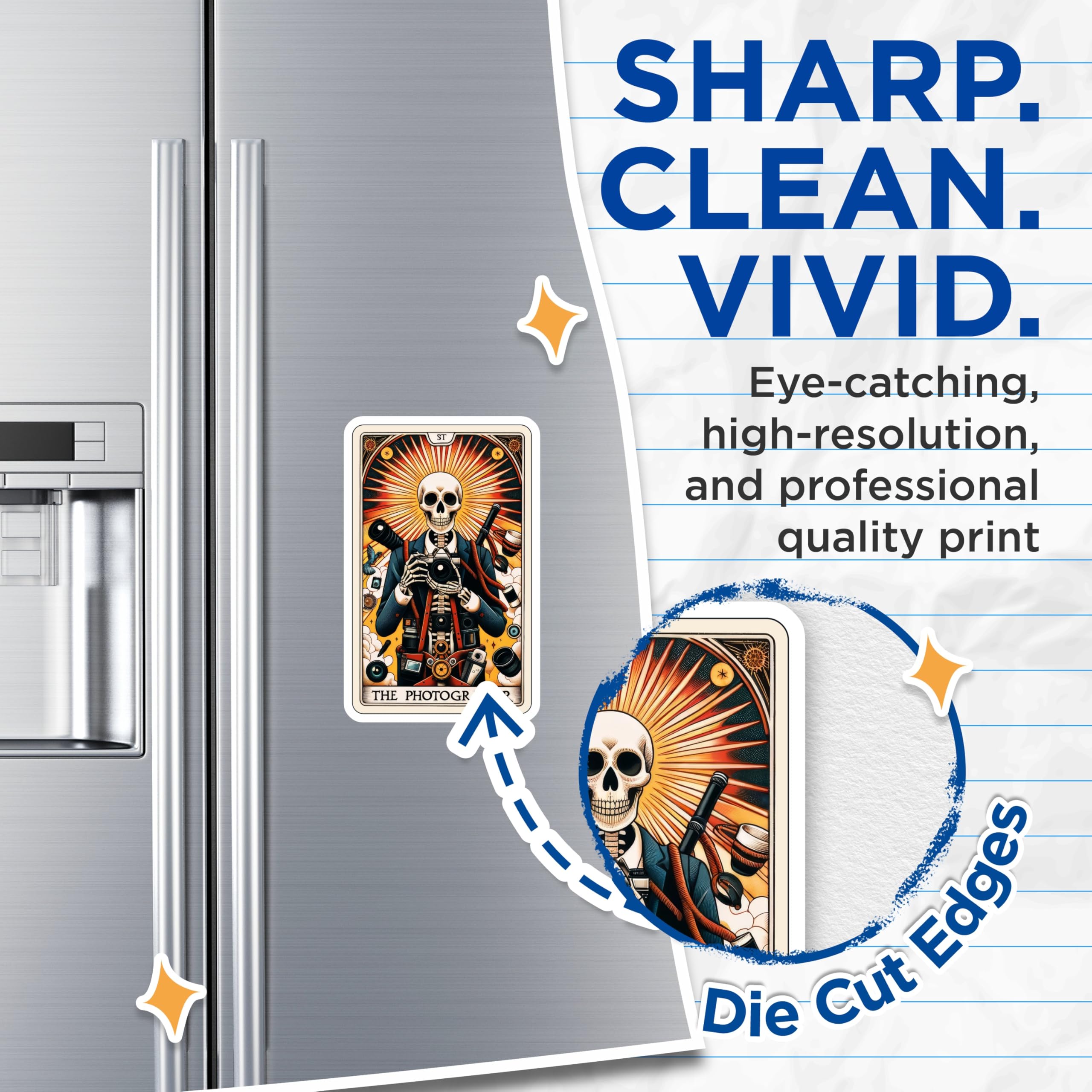 (2 Pack) Skeleton Photographer Magnets - Unique Tarot Card Style Photography Art - Creative Camera Lover Fridge Decor - 5 Inches On Longest Side - Thick Durable Magnet - Made in USA - MAG20500