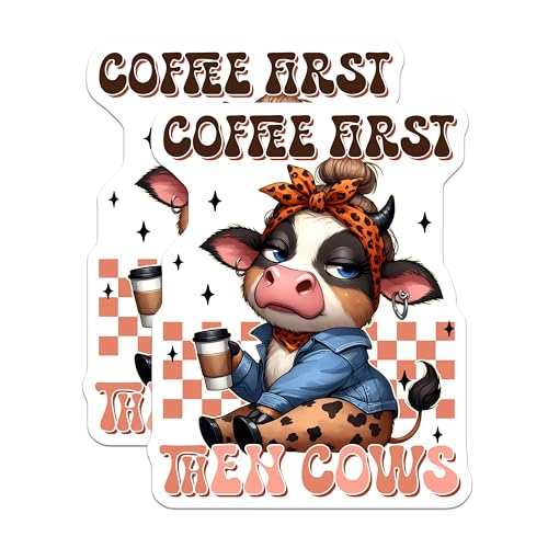 (2 Pack) Coffee First Then Cows Stickers - Funny Animal Lover Stickers - Cute Coffee Inspired Stickers - 5" On Longest Side - Sticks to Smooth Flat Surfaces - Made in USA - BMCS3786