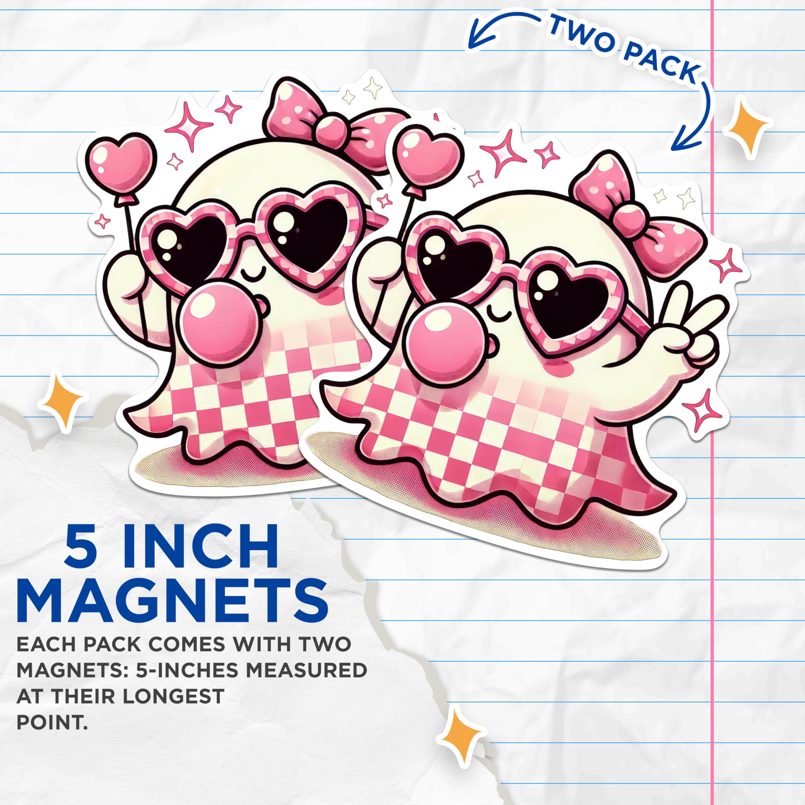 (2 Pack) Cute Pink Ghost Blowing Bubbles Magnets - 5 Inches On Longest Side - Premium Magnet - for Cars, Refrigerators, Toolboxes - Made in USA - MAG2066