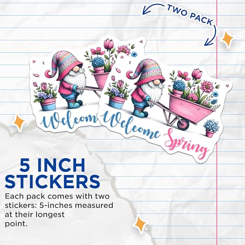 (2 Pack) Welcome Spring Gnome Stickers - Cute Garden Gnome - Colorful Flower - 5" On Longest Side - Sticks to Smooth Flat Surfaces - Made in USA - BMCS7998