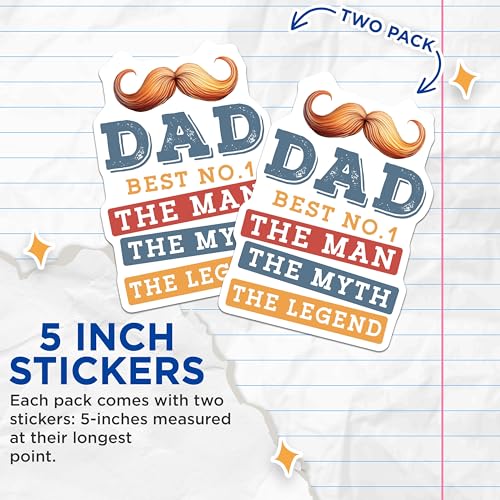 (2 Pack) Dad Best No 1 Stickers - The Man The Myth The Legend - Funny Dad Stickers - Father's Day Stickers - 5" On Longest Side - Sticks to Smooth Flat Surfaces - Made in USA - BMCS3972
