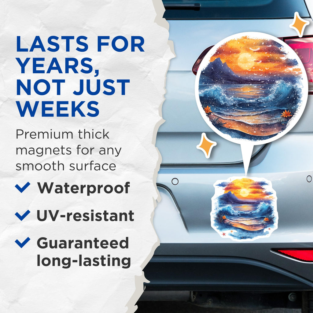 (2 Pack) Watercolor Ocean Magnets - Beach Sunset Aesthetic - Coastal Fridge Decor - 5 Inches On Longest Side - Thick Durable Magnet - Made in USA - MAG27769