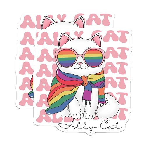 (2 Pack) Ally Cat Stickers - Cute Cat Art - Rainbow Pride Accessory - 5" On Longest Side - Sticks to Smooth Flat Surfaces - Made in USA - BMCS6678