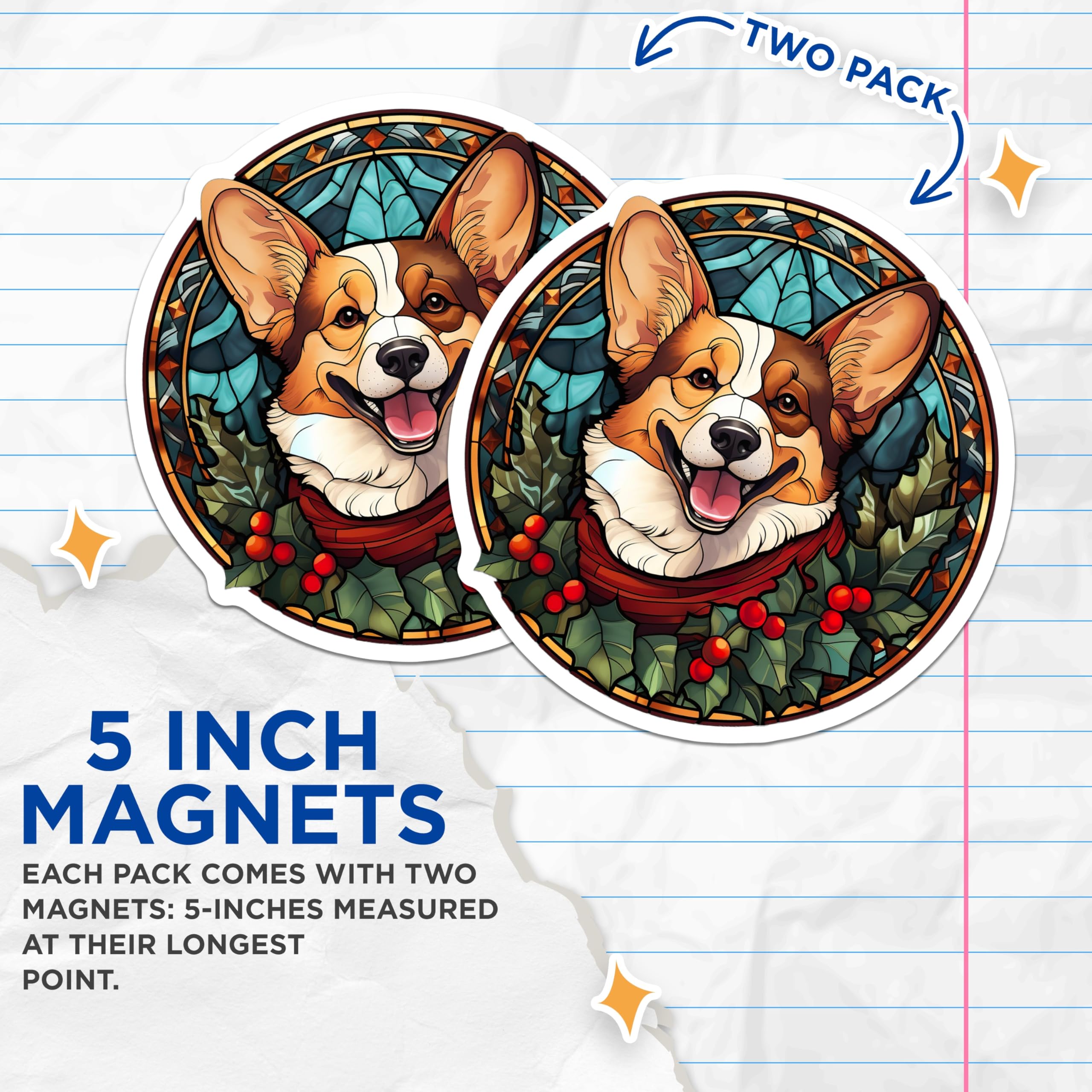 (2 Pack) Corgi Dog Magnets - Stained Glass Christmas Art - Festive Pet Home Decor - Happy Winter Holiday Animal Lover - 5 Inches On Longest Side - Thick Durable Magnet - Made in USA - MAG24371