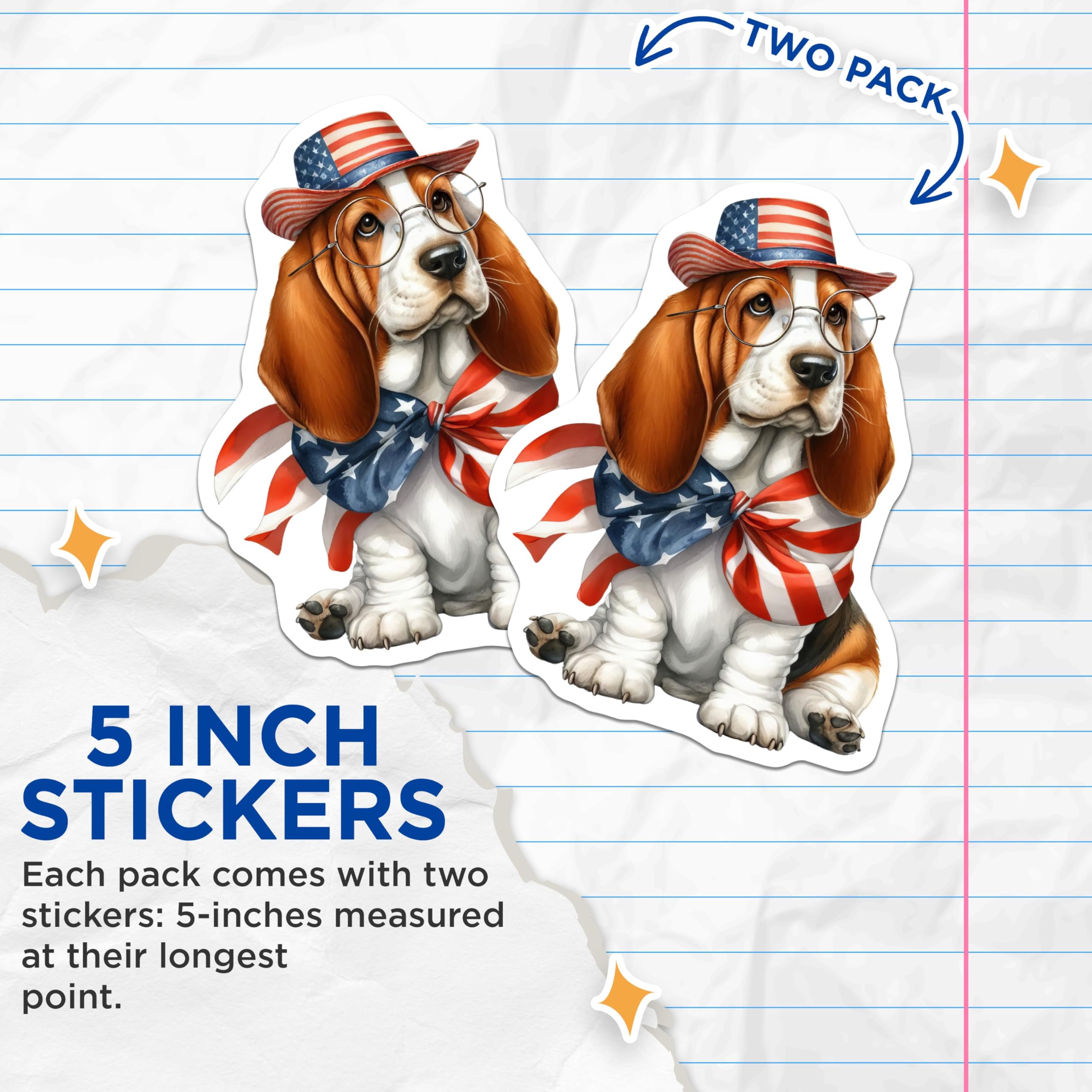 (2 Pack) Patriotic Dog Stickers - American Flag Dog - 4th of July Puppy Illustration - 5" On Longest Side - Sticks to Smooth Flat Surfaces - Made in USA - BMCS6403