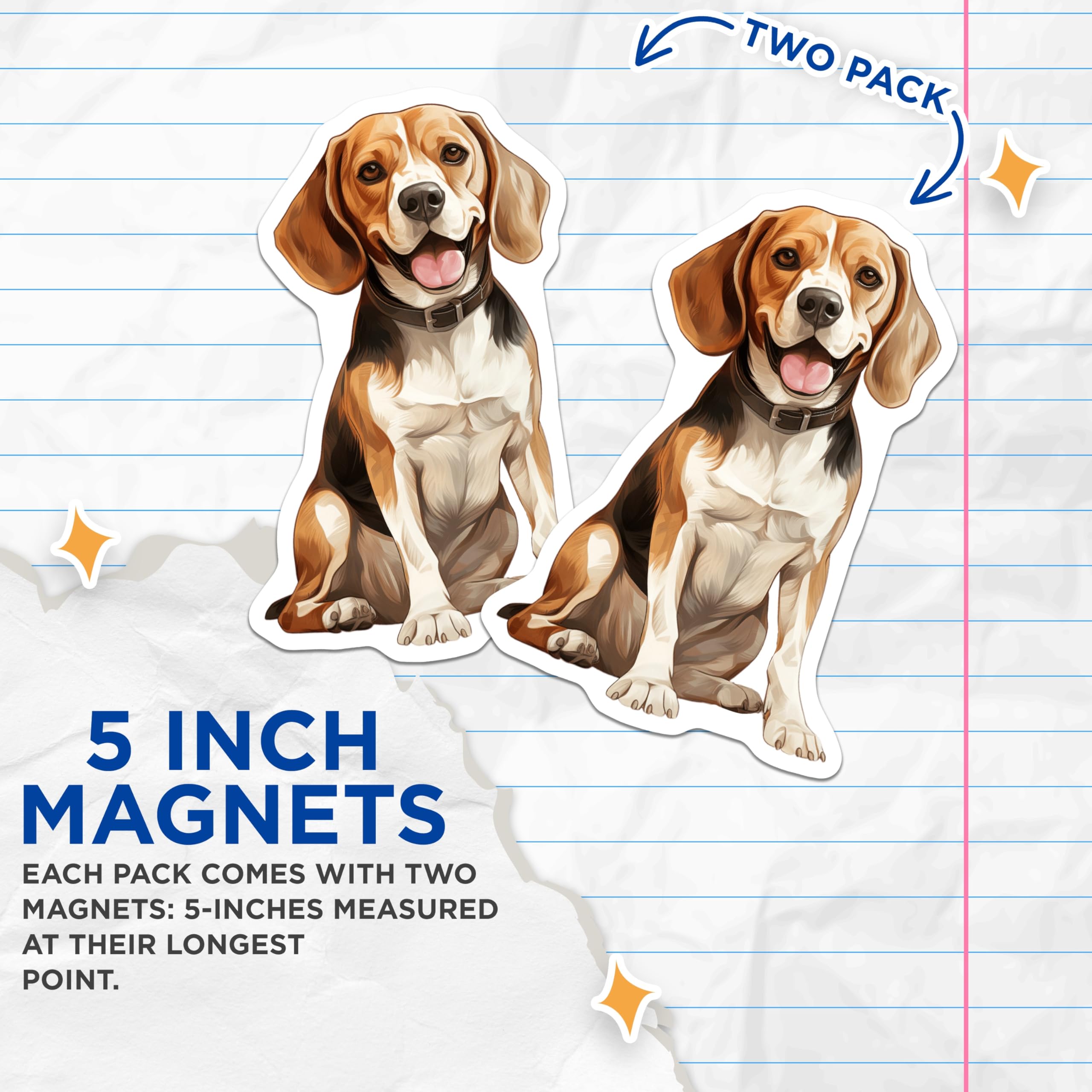 (2 Pack) Adorable Beagle Dog Magnets - Smiling Hound Puppy Illustration - Home Kitchen Office Refrigerator Decor - 5 Inches On Longest Side - Thick Durable Magnet - Made in USA - MAG24301