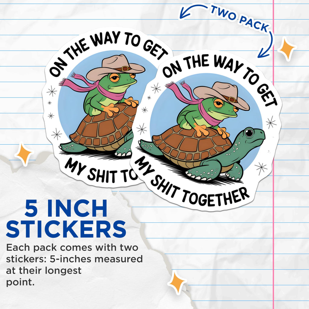 (2 Pack) Funny Frog Turtle Stickers - Motivational Humor - Office Desk Decor - 5" On Longest Side - Sticks to Smooth Flat Surfaces - Made in USA - BMCS6964