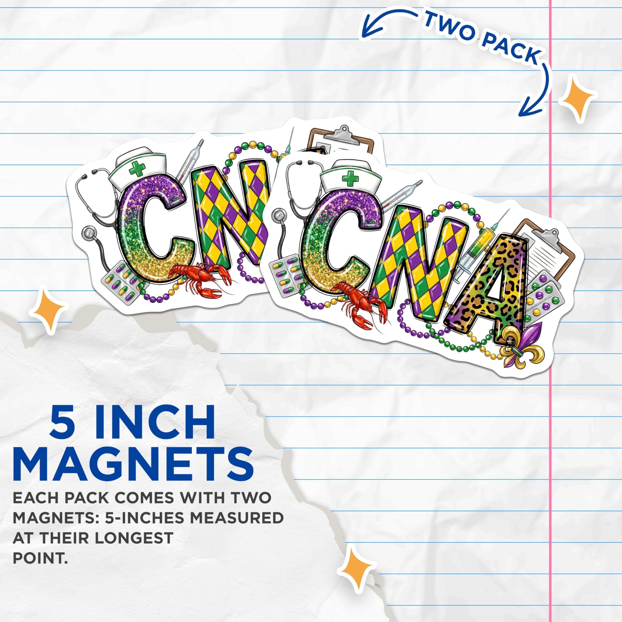 (2 Pack) CNA Mardi Gras Magnets - Medical Assistant - Carnival Party Magnet - 5" On Longest Side - Premium Magnet - for Cars, Refrigerators, Toolboxes, Lockers - Made in USA - MAG15906