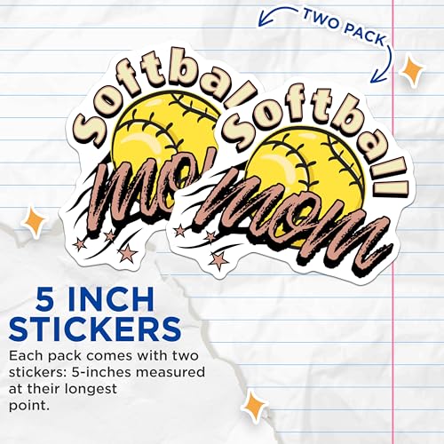 (2 Pack) Softball Mom Stickers - Sports Lover Decals - 5" On Longest Side - Sticks to Smooth Flat Surfaces - Made in USA - BMCS9221 - BMCS9221