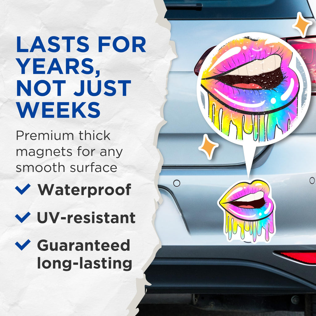 (2 Pack) Vibrant Tie Dye Lips Magnets - Dripping Psychedelic Mouth Art - Colorful Rainbow Aesthetic Decor - 5 Inches On Longest Side - Thick Durable Magnet - Made in USA - MAG22500