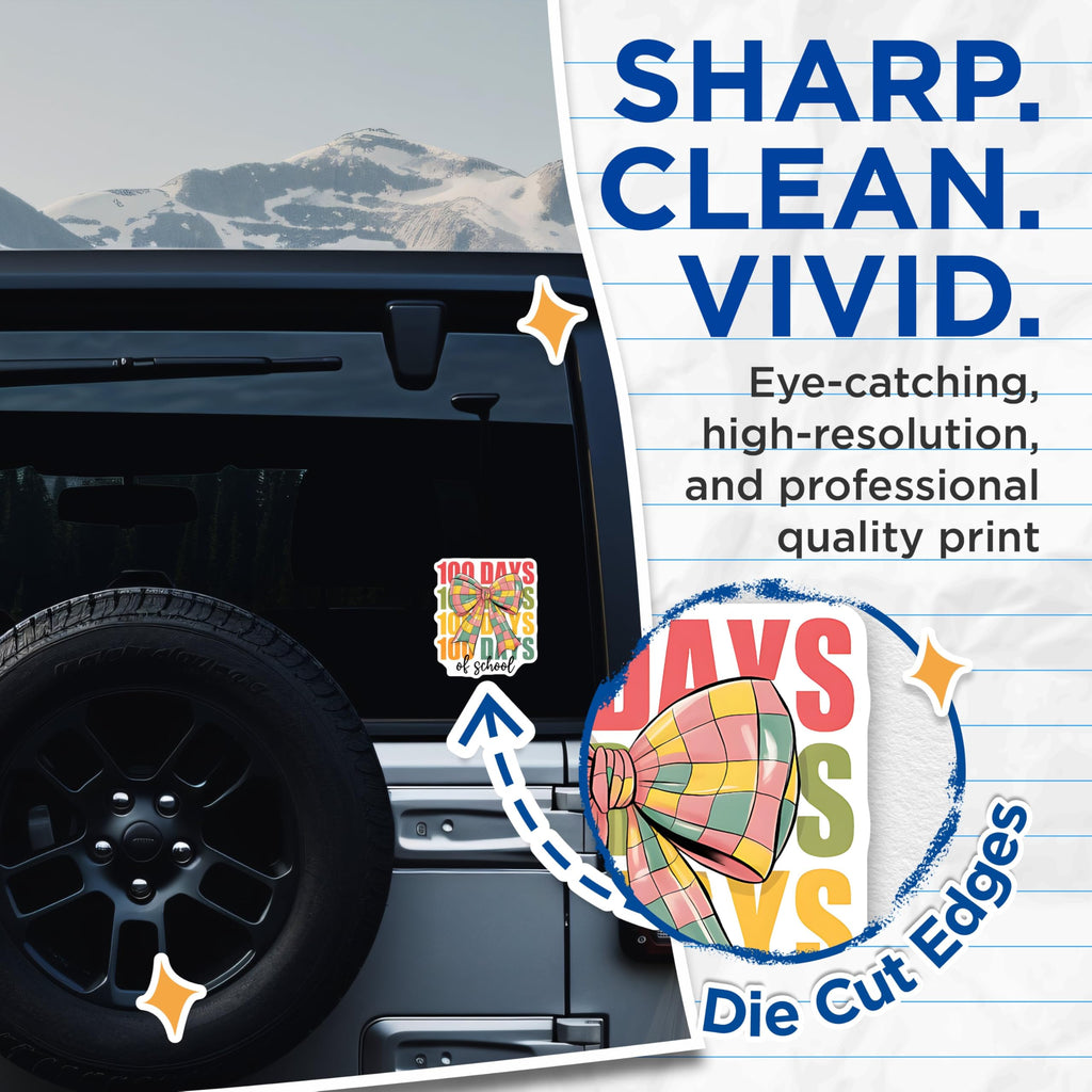 (2 Pack) 100 Days of School Stickers - Colorful Checkered Bow Stickers - Classroom Celebration Stickers - 5" On Longest Side - Sticks to Any Smooth Flat Surface - Made in USA - BMCS3402