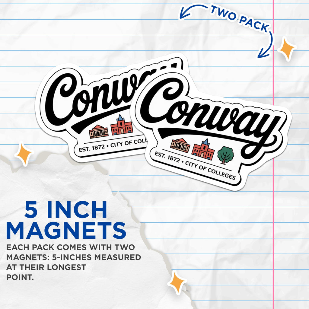 (2 Pack) Conway Arkansas Magnets - City of Colleges - Souvenir Fridge Decor - 5" On Longest Side - Premium Magnet - for Cars, Refrigerators, Toolboxes, Lockers - Made in USA - MAG18948