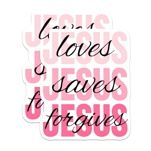 (2 Pack) Jesus Loves Stickers - Saves Jesus Forgives - Faith Based Religious Decals - 5" On Longest Side - Sticks to Smooth Flat Surfaces - Made in USA - BMCS8926