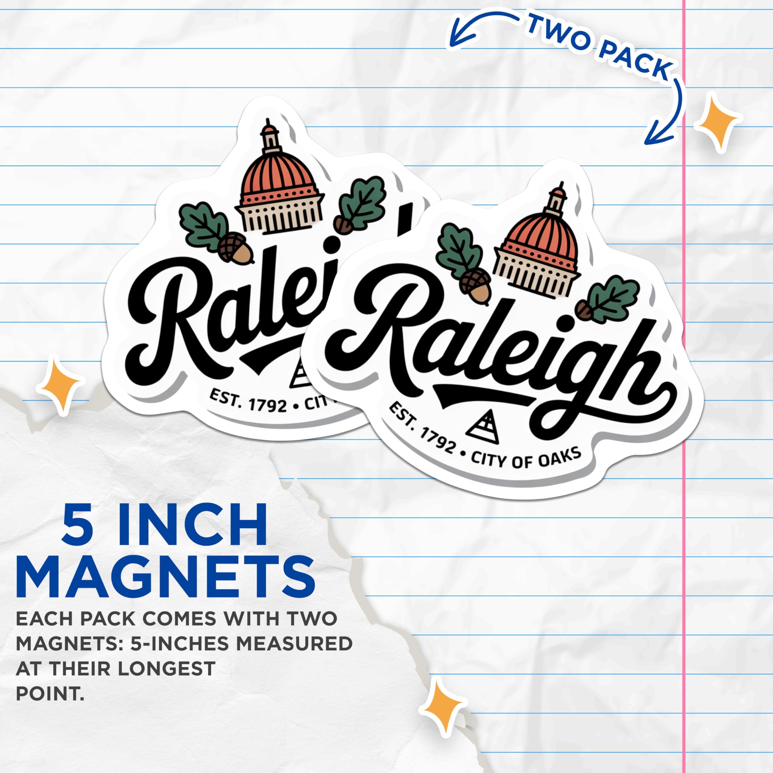 (2 Pack) Raleigh North Carolina Magnets - Capital City Souvenir - City of Oaks NC Decor - 5" On Longest Side - Premium Magnet - for Cars, Refrigerators, Toolboxes, Lockers - Made in USA - MAG17257